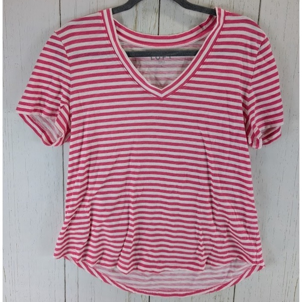 Loft Size Large Pink White Stripe V Neck Short Sleeve Womens Casual Top